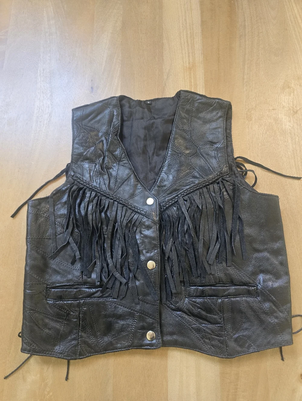 Vintage Patchwork Leather Fringe Vest Black Western Biker Side Lace Women’s Med - Picture 1 of 10